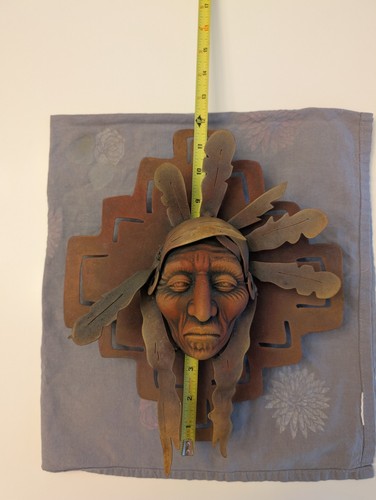 Vintage Native American Wall Sculpture 3D Metal Art w/ Feathers approx 13 X 10" - Picture 9 of 9