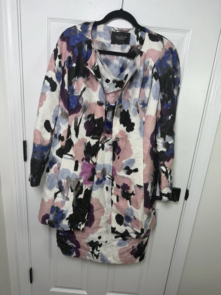 Traje Chaqueta Vestido St. John Couture 2 Piezas Talla EE. UU. 12/14 Mezcla Seda Joya Botones Foto 3 de 4