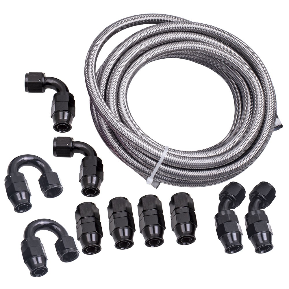 Durite de carburant AN10 tresse inox 6m avec raccords pivotants argent