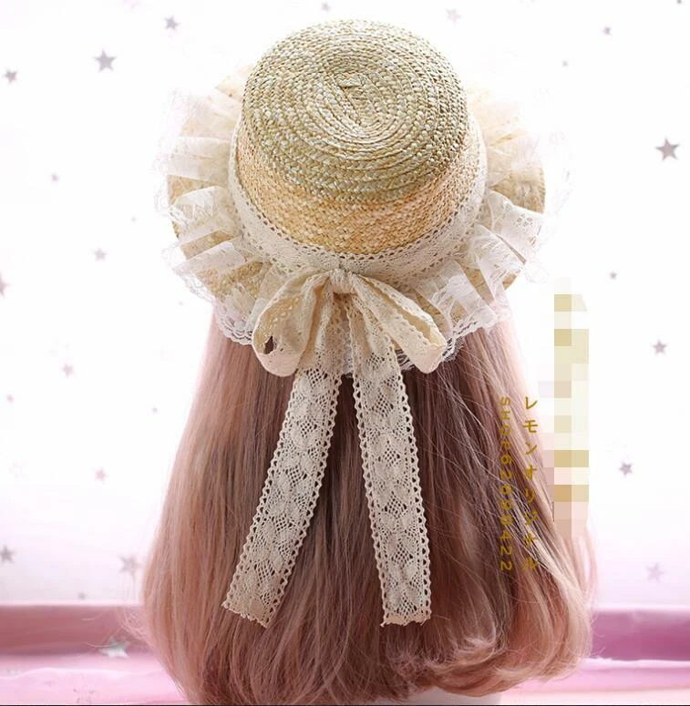 Sweet Lolita Straw Hat Soft Girl Handmade Basic Bow Ribbon Straw Knitting  Hat