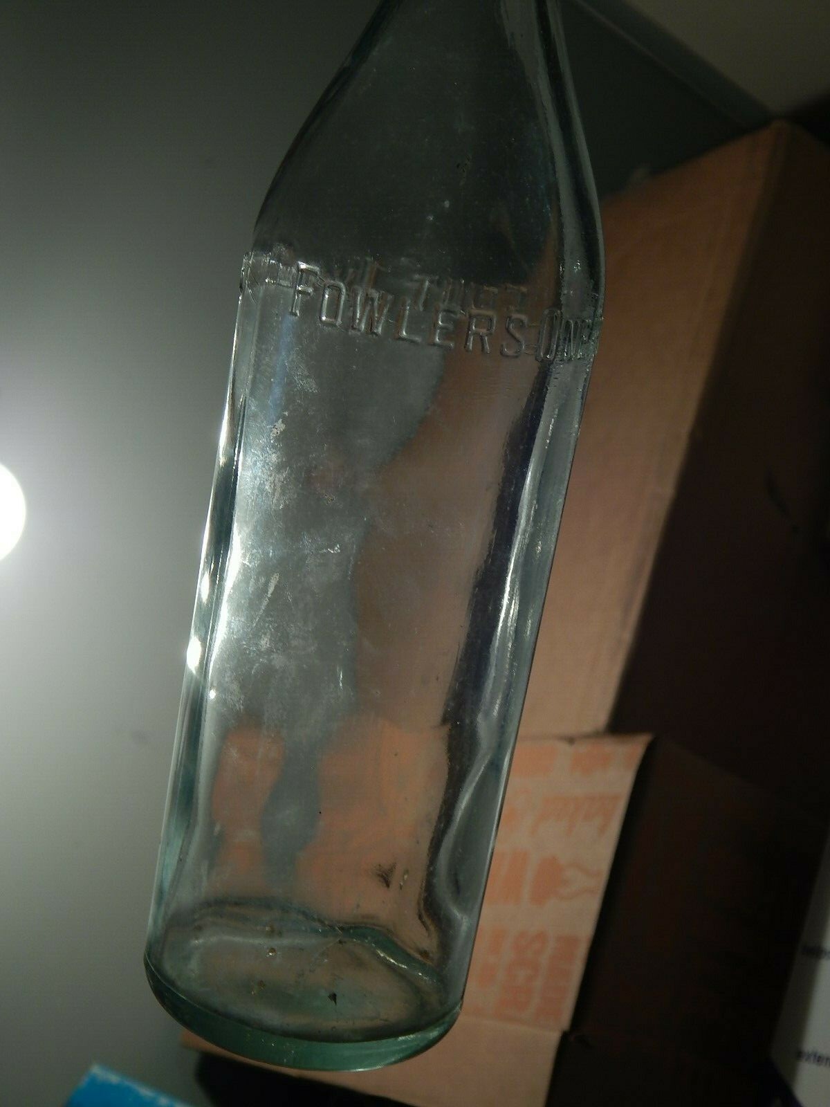 Fowlers One Pint Fruit Juice Bottle w/ Cola Cap Embossed Glass