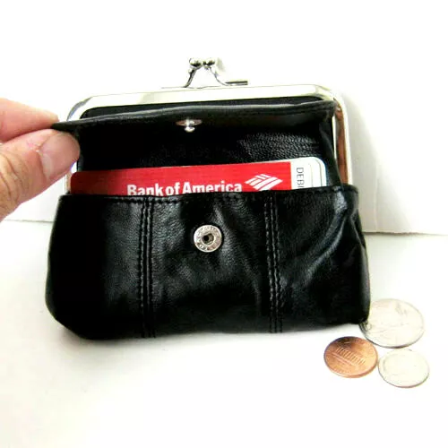 Black Leather Metal Clasp Lady's Coin Purse Flap Top Credit Card Holder