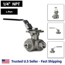 1/4" 3-Way L-Port Ball Valve, Stainless Steel, NPT Threaded, 1000PSI