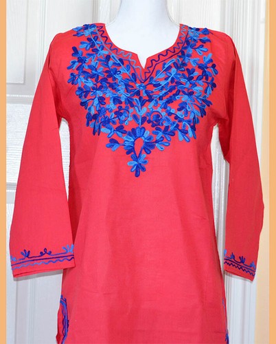 Blau bestickt rot Farbe Long Baumwolle Tunika Top Kurti aus Indien!! - Bild 2 von 5