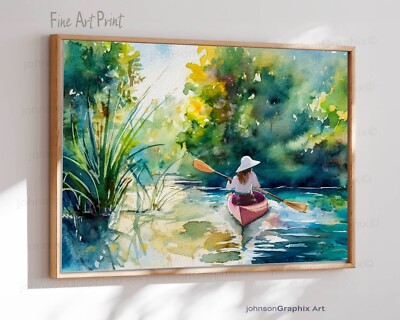 Canoe Art Watercolor Painting Print, Misty Lake Kayak Landscape Everglades Art