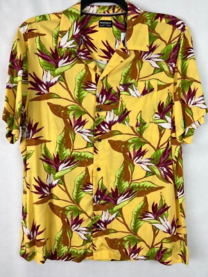 Buffalo David Bitton Button Down Mens L Yellow Bird of Paradise Tropical A15