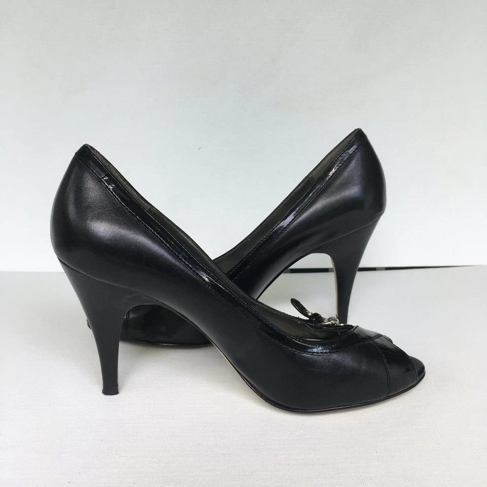 Zapatos de tacón Anne Klein talla 7,5 M Torie cuero punta abierta hebilla negros Foto 3 de 4