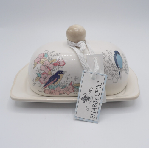 SHABBY CHIC LIDDED BUTTER DISH FLOWERS & BIRDS FARMHOUSE BRAND NEW - Picture 4 of 22