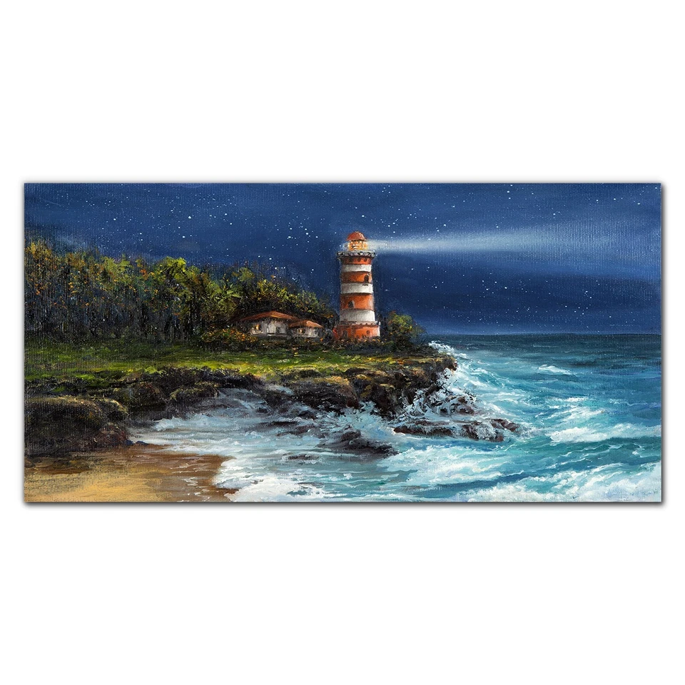 Canvas Print 100x50 Painting Coast Ocean Waves Lighthouse Wall Art Framed Decor - Image 4 of 4