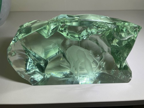 Kosta Boda vicke lindstrand green glass block deer drinking from river beautiful - Picture 4 of 22