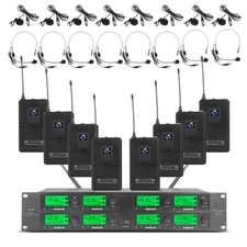 Pro Audio Wireless Microphone System UHF 8 Channel 8 Lavalier Bodypacks Headset