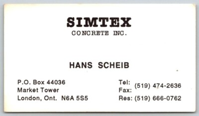 #ad Business Card London ON Simtex Concrete Inc Hans Scheib Market Tower C $6.14