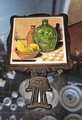 Vintage Prince Ceramic Tile Cast Iron Kitchen Farm House Trivet Coffee Fruit Jug
