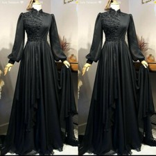 Black Muslim Wedding Dresses High Neck Long Sleeves Lace Applique Bridal Gowns 