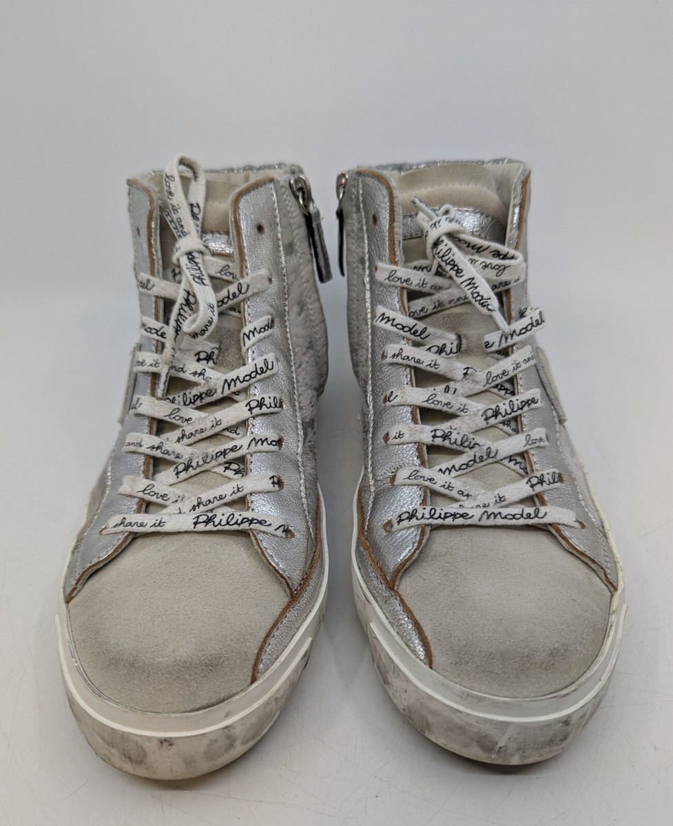 Philippe Model Sz 6 (EUR 37) Metallic Silver White Faux Pony Hair