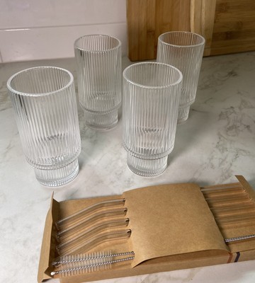 Premium Ribbed Glass Cups with Straws, Stackable Origami Style Tumblers Set Of 4