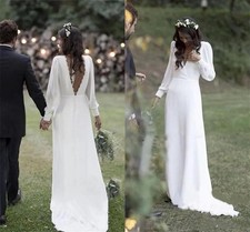 Bohemian Country Wedding Dresses V-Neck Backless Long Sleeve Beach Bridal Gowns
