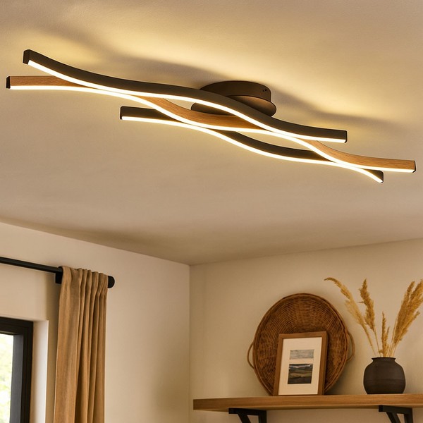 Deckenleuchte Deckenlampe Wohnzimmerlampe Holzoptik Opal 1 Flammig Led L 108 Cm-image
