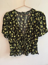 ASOS Women?s Yellow & Black Floral Tie-Front Tea Top - Size 10