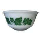 Vintage Hazel Atlas Green Ivy Leaves on White Milk Glass Large Mixing Bowl 1950s
