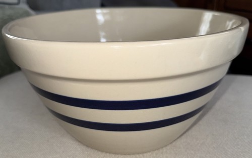 Zainesville, Ohio 10 Inch Stoneware Shoulder Bowl Mixing Blue Strips. - Picture 1 of 4