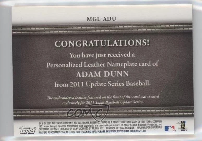 2011 Topps Manufactured Glove Leather Nameplate Black /99 Adam Dunn #MGL-ADU - Image 2 of 2