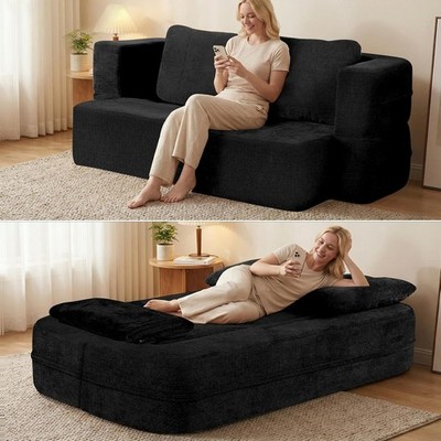 Convertible Sofa Bed Queen Folding Cloud Couch Black No Assembly w/Blanket