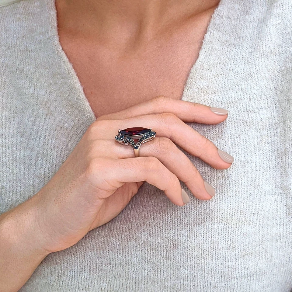 Silverly Anello Argento 925 Solitario Zircone Rosso Ovale Marcasite - Immagine 3 di 4