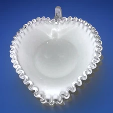 7.5" HEART CANDY DISH W/ HANDLE MILK GLASS- SILVER CREST RUFFLE