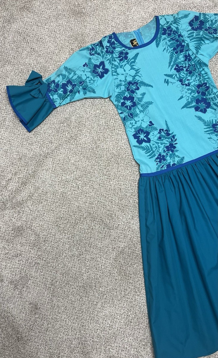 Mamo Howellエメラルドブルーオレンジハワイアンキルトヴィンテージドレス Mamo Howell Women's Blue Hawaiian Floral Print Dress Size 2