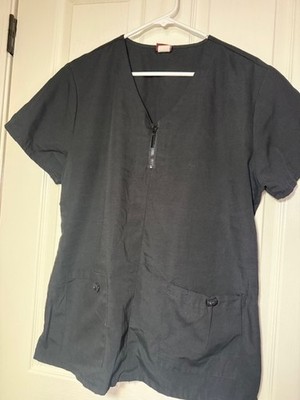 DENICE WOMEN'S XL BLACK SCRUB TOP V-NECK ZIP 2 POCKET MEDICAL