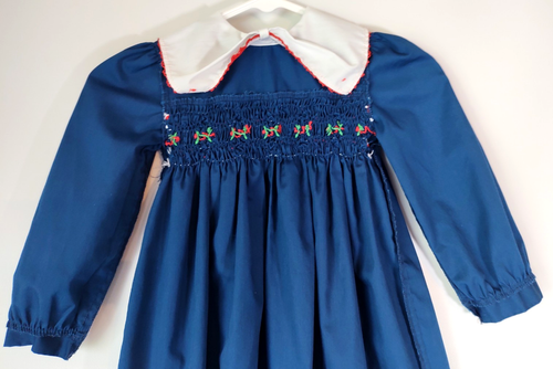 Vtg Polly Flinders Long Sleeve Collared Smocked Dark Blue Dress w Cherries~Sz 5 - Picture 15 of 22
