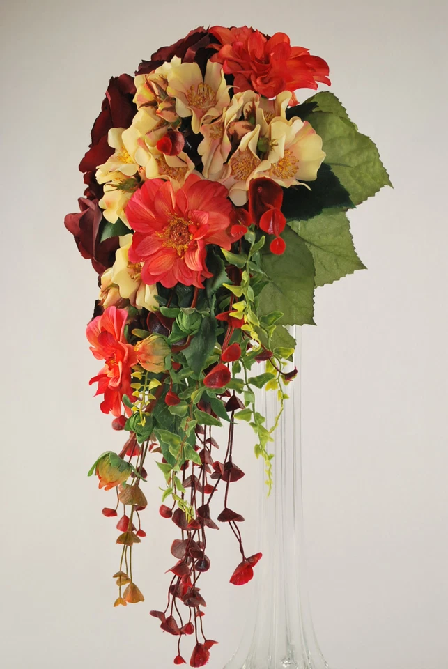 Unique Cascade Bridal Wedding Bouquet Artificial Silk Summer/Fall Garden Flowers - Image 2 of 4