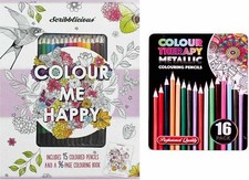 ART THERAPY Colouring Book GIFT SET 31 Pencils Metallic Colour DISTRESS Relax
