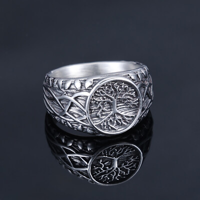 Vintage Tree of Life Mens Ring Stainless Steel Hip Hop Punk Singet Ring for Men