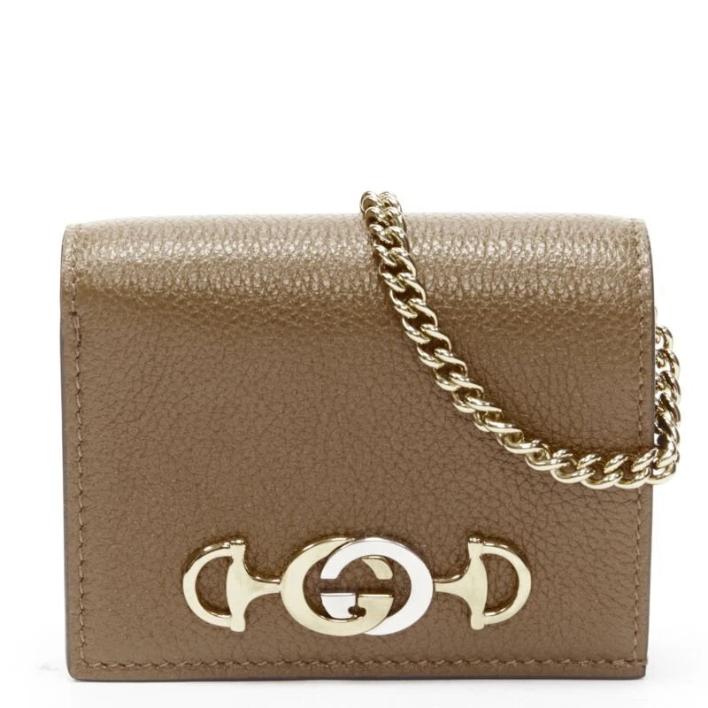 GUCCI 570660 Zumi cuir marron GG Horsebit portefeuille double pli sur chaîne nano sac