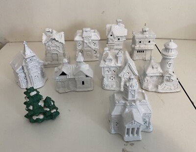 All White 10 Pc Christmas Snow Village Set Small 5'' With Tree Complete Village