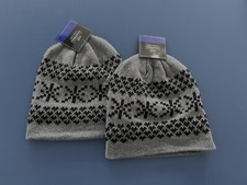 NEW Boy YOUTH One Size 2 Knit Beanie Ski Hat Skull Cap Gray Black Snowflakes TWO