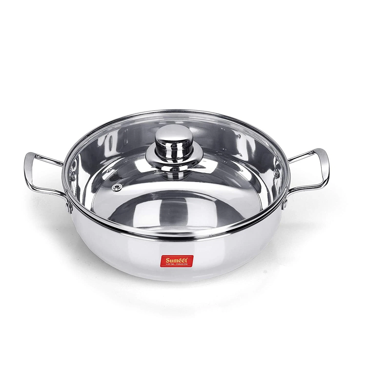 Stainless Steel Induction Compatible Kadhai Wok with Glass Lid 3 Litre