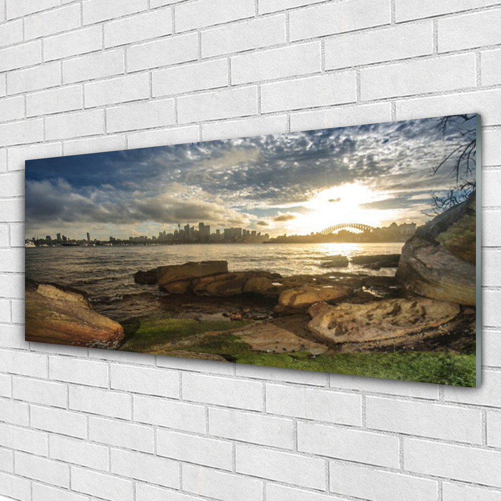 Tableau sur verre acrylique 125x50 cm paysage de mer et pierres côtières