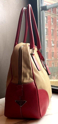 PRADA Vintage Canapa & Cinghiale Tan Canvas & Red Leather