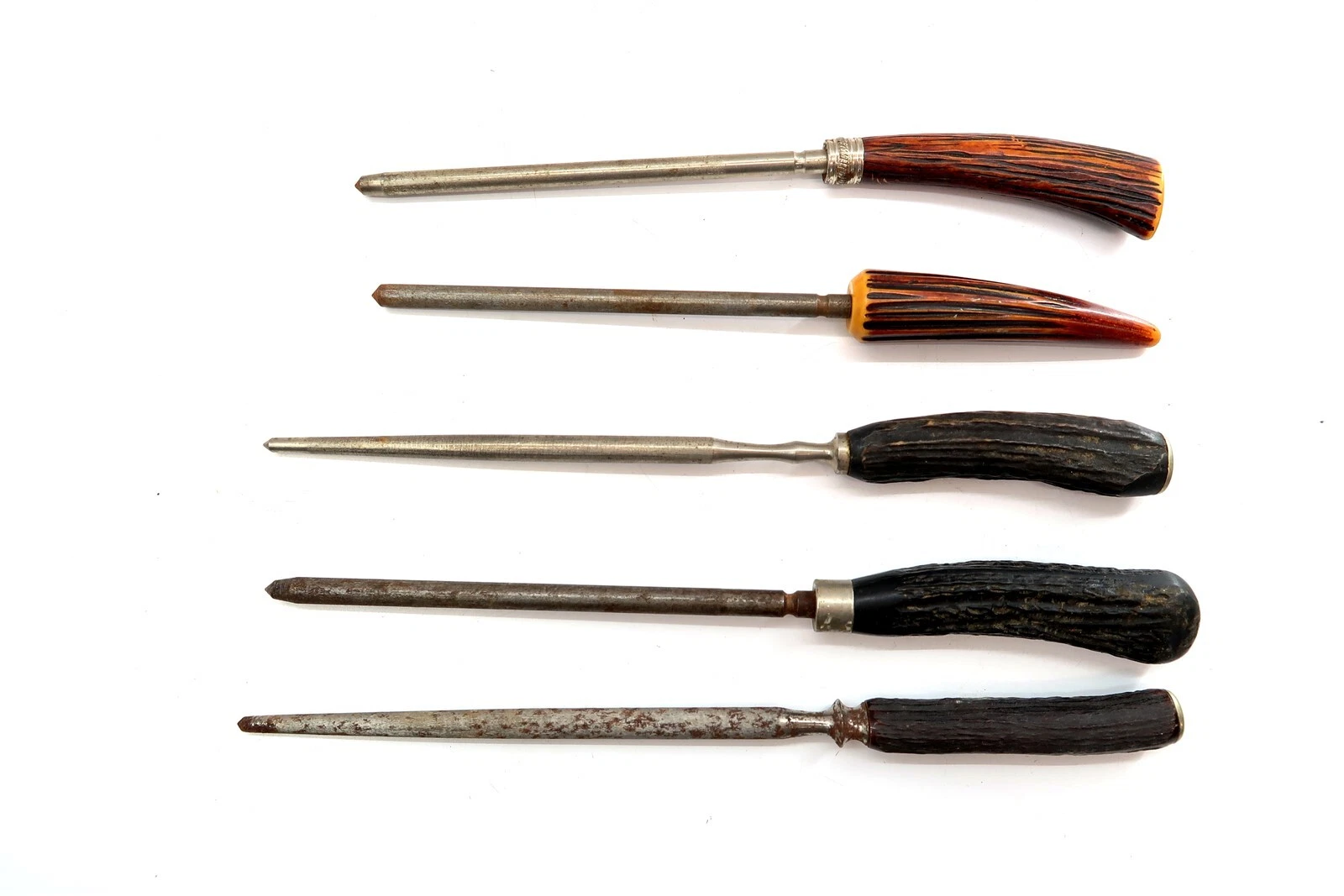 Lot of 5 Vintage / Antique Knife Sharpening Honing Steels with Stag Horn Handles