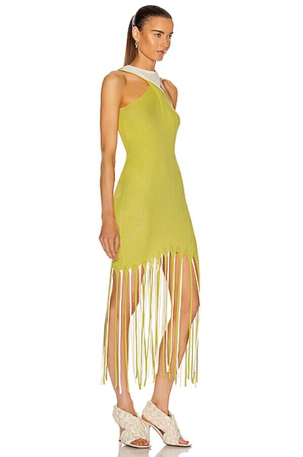 ボッテガヴェネタ Bottega Veneta Fringed Midi Dress Bottega Veneta Halter Twist Fringe Dress in Acid Optic White