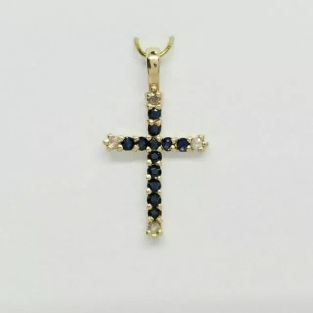 2Ct Round Cut Simulated Sapphire Cross Pendant Chain 14K Yellow Gold Plated