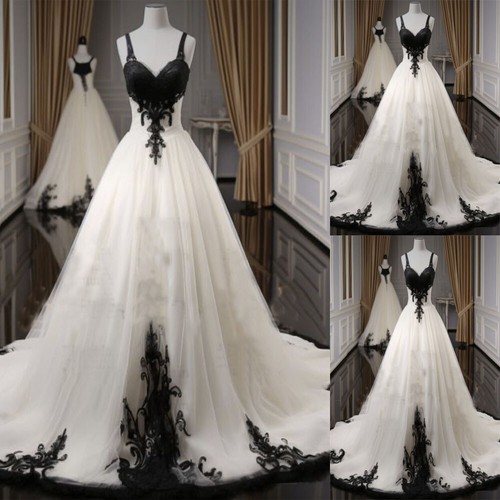 Abiti da sposa gotici neri applique cinghie pizzo bianco abiti da sposa a linea A - Foto 1 di 7