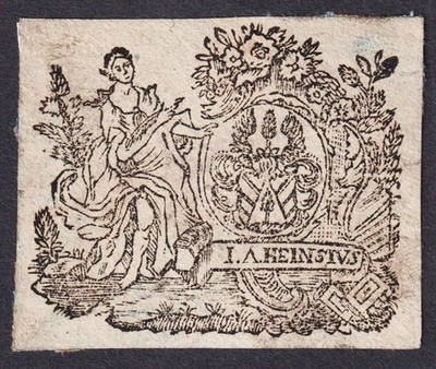 Exlibris J. A. Heinsius Coat Of Arms Wappen Woodcut Bookplate 18th Century