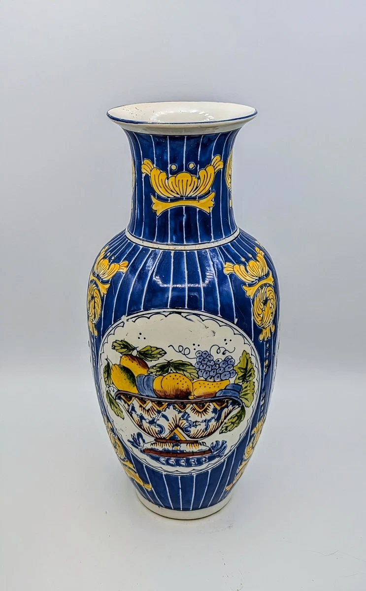 Vintage Chinese Porcelain Vase Blue Yellow Fruit Motif 12.5” Hand Painted