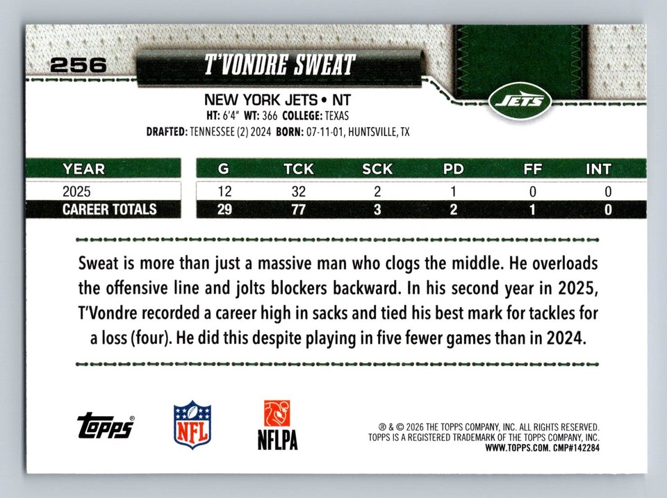 2025 Topps Football T'VONDRE SWEAT #256 NM [h543] | eBay