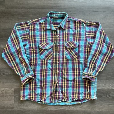 Vintage Five Brother Shirt Mens 2XL Blue Neon Plaid Flannel USA Workwear 90s