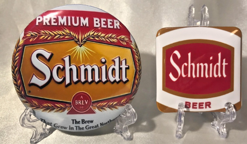 Lot of Two (2) Retro Schmidt Beer 3" & 2" Button/Pin  Vintage Looking Breweria
